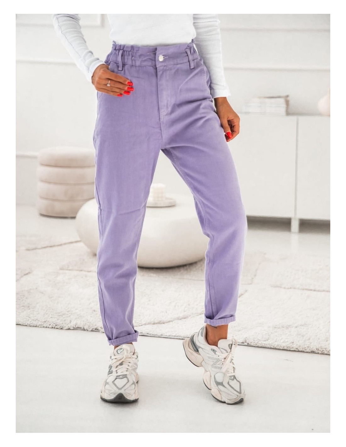 Denim pants with elastic waist, lilac 202001 - Online store - Boutique